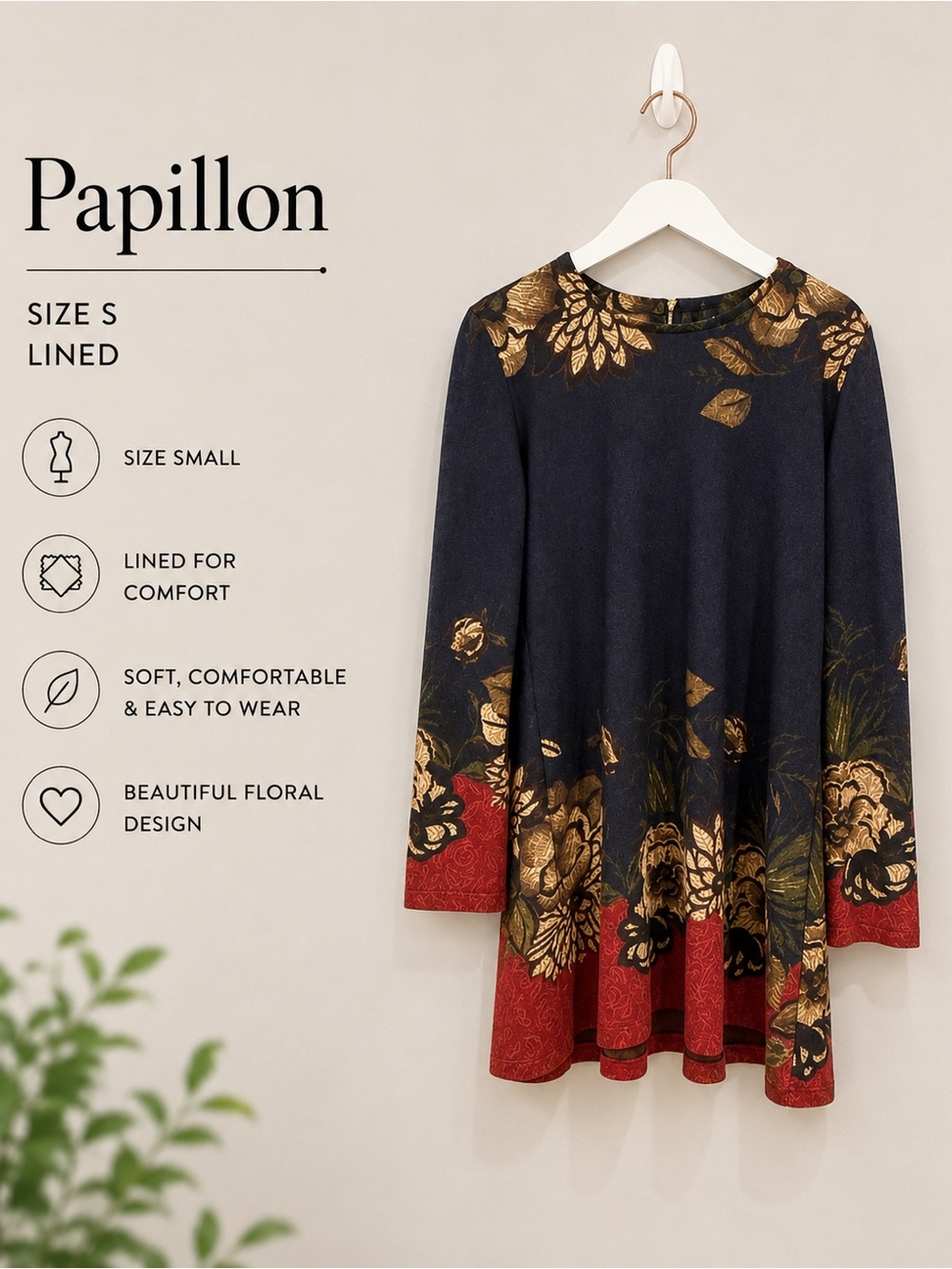Beautiful Navy Floral Long-Sleeve Swing Dress: tunic with Red Hem Sz small